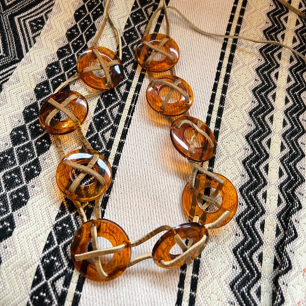 Vintage Amber Lucite/resin Button leather Necklace/belt - Honey Brown